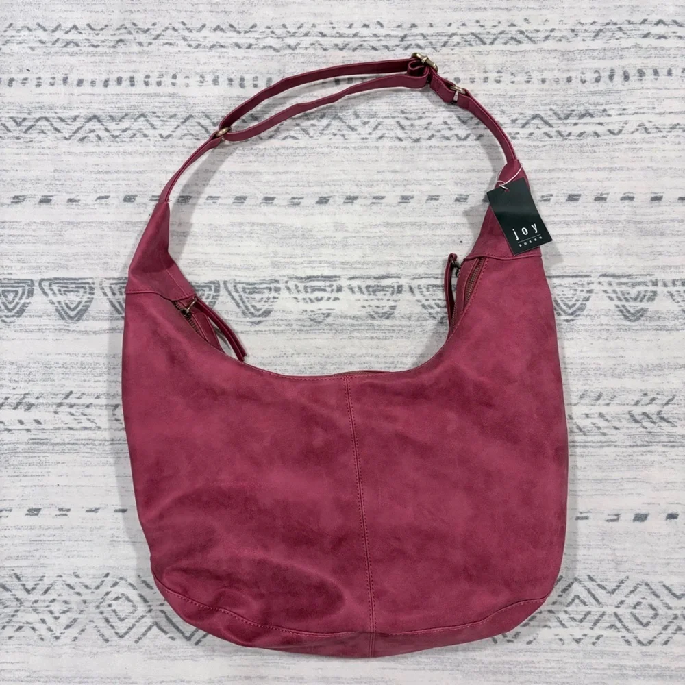 NWT joy susan Rochelle Faux Suede Large Crescent Hobo Bag Metallic Berry